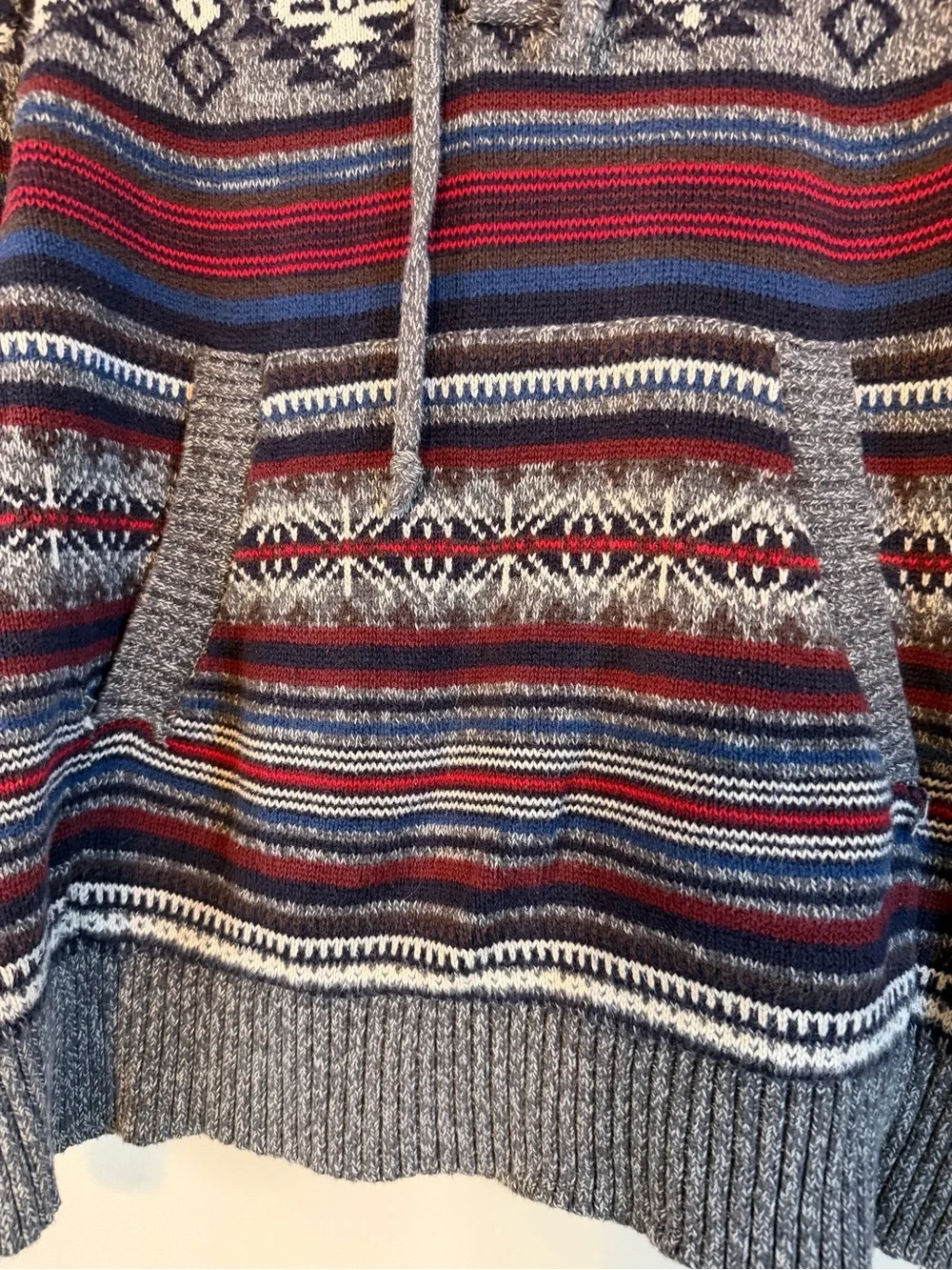 Ruff Hewn Gray Hooded Crewneck Sweater with Red and Navy Stripes